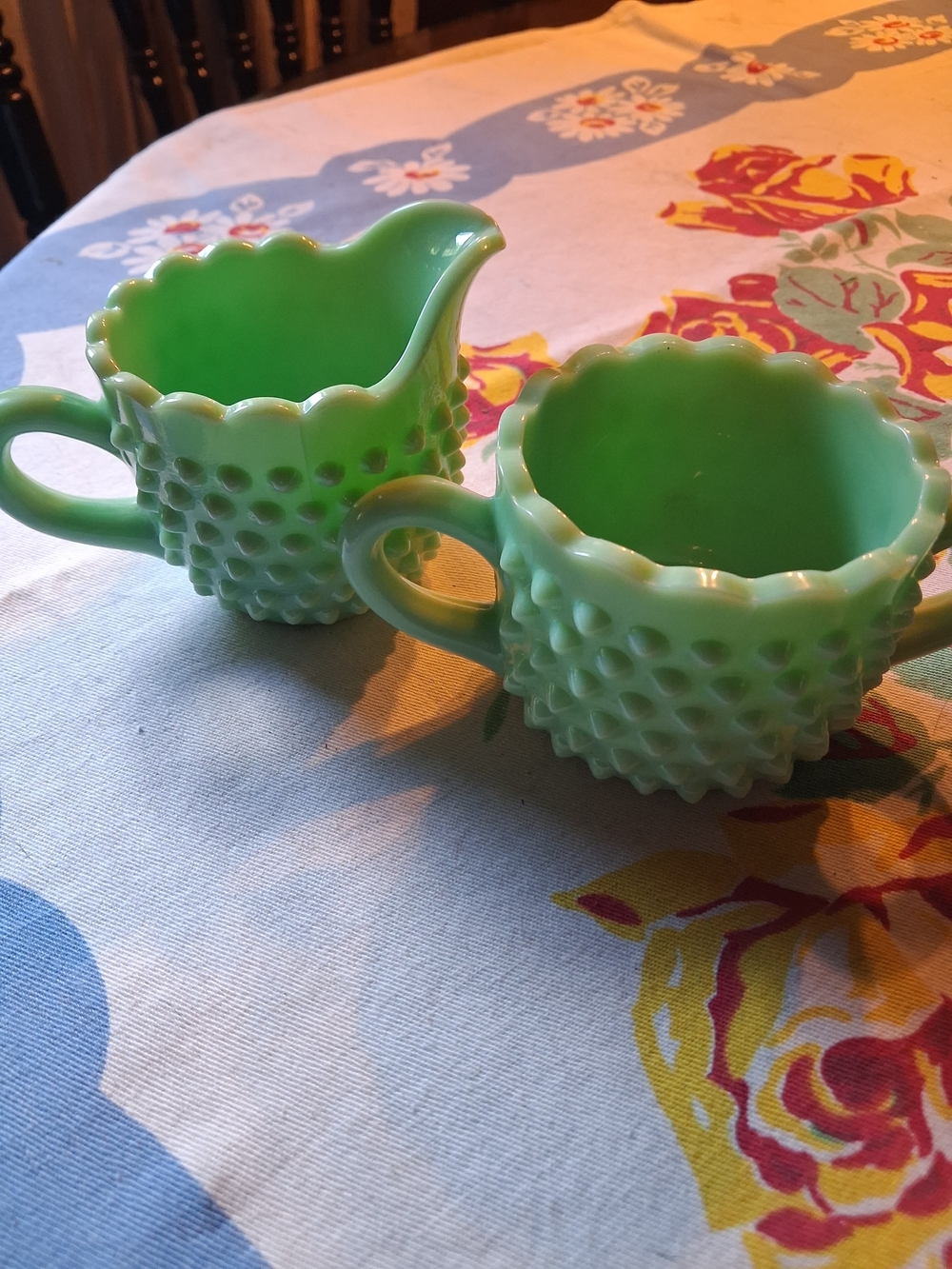 Vintage Green Jadeite Hobnail Creamer and Sugar Set